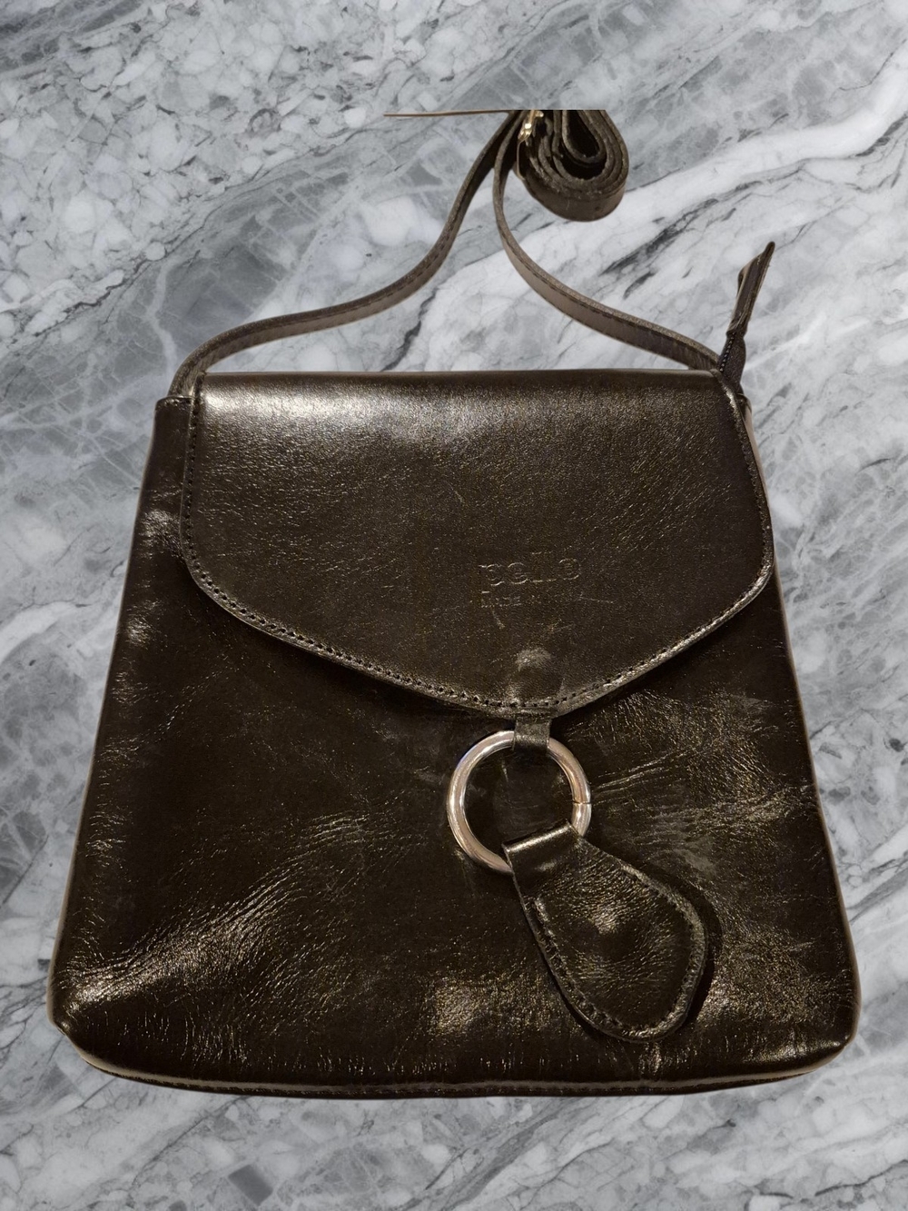 Pelle Black Italian Leather Crossbody with Ring Accent And Snap Closure